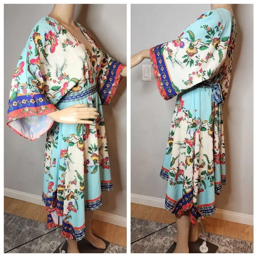 Umgee Kimono Sleeve Hankerchief Hem Blue Printed Boho Dress Stretch Waist Medium - Picture 4 of 13